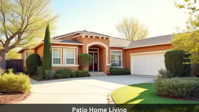 Modern patio home exterior with small courtyard showing single-level design and shared wall construction for low-maintenance living