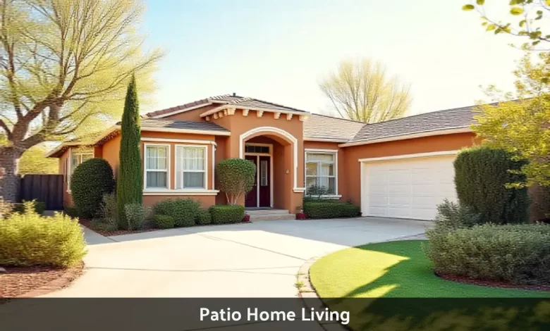 Modern patio home exterior with small courtyard showing single-level design and shared wall construction for low-maintenance living