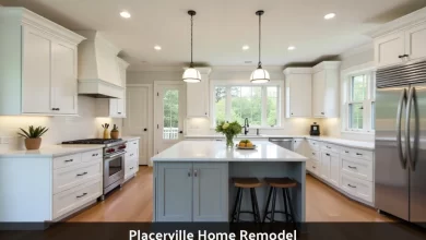 Placerville Home Remodel showing modern kitchen renovation with white cabinets and mountain view