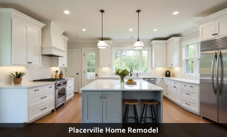 Placerville Home Remodel showing modern kitchen renovation with white cabinets and mountain view
