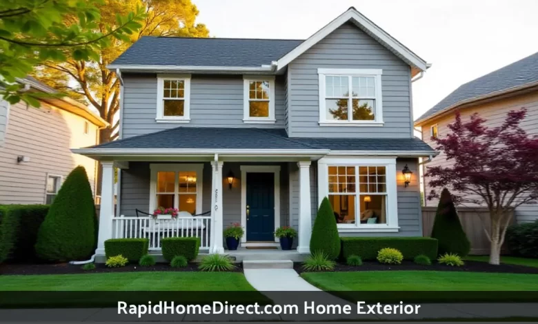 Modern home exterior with new siding, roof, windows, and front door showing curb appeal improvements