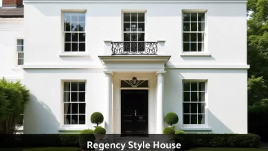 White stucco regency style house with black front door, columns, and wrought iron balcony showing classic British architecture