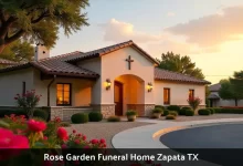 Rose Garden Funeral Home exterior in Zapata TX showing welcoming entrance and landscaped gardens for funeral services
