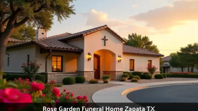 Rose Garden Funeral Home exterior in Zapata TX showing welcoming entrance and landscaped gardens for funeral services