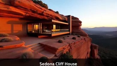 Sedona cliff house built into red rock formation with modern architecture and panoramic desert views