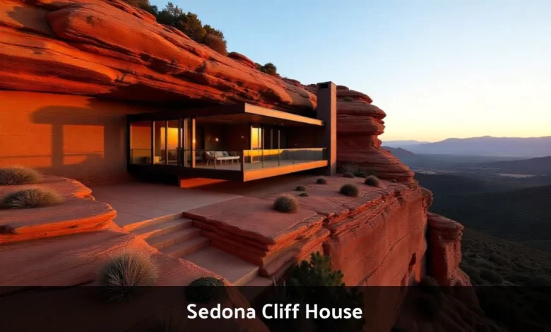 Sedona cliff house built into red rock formation with modern architecture and panoramic desert views