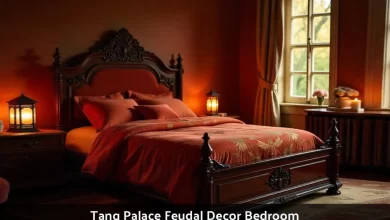 Tang Palace feudal decor bedroom with carved wooden bed, red and gold silk bedding, lantern lights, and traditional Chinese furniture