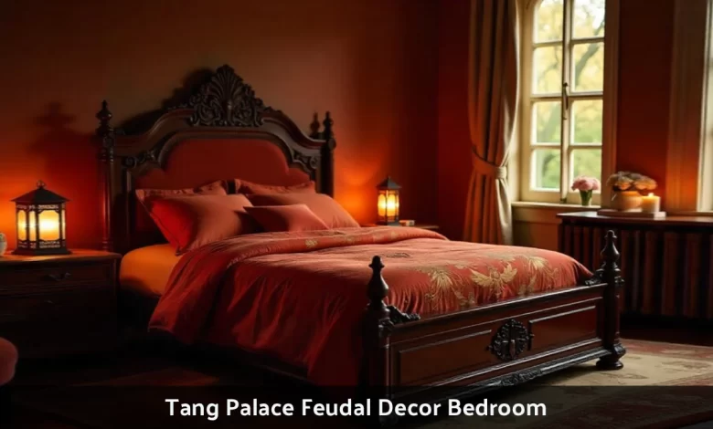 Tang Palace feudal decor bedroom with carved wooden bed, red and gold silk bedding, lantern lights, and traditional Chinese furniture