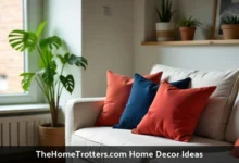 Modern living room showing home decor ideas with colorful pillows plants layered lighting and natural wood furniture