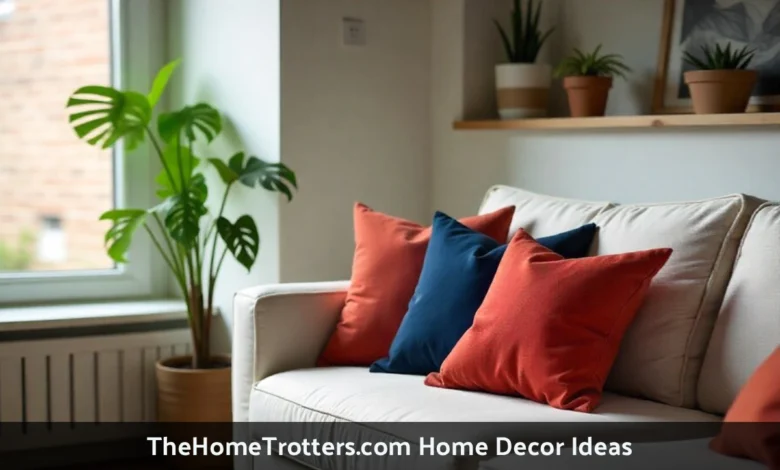 Modern living room showing home decor ideas with colorful pillows plants layered lighting and natural wood furniture