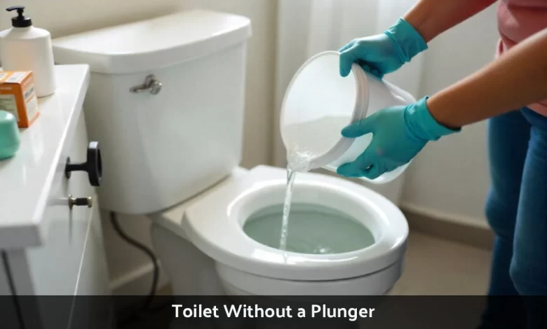 Person wearing rubber gloves using hot water to unclog a toilet without a plunger with dish soap and baking soda nearby