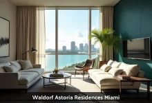 Waldorf Astoria Residences Miami supertall tower exterior with stacked glass cube architecture in Downtown Miami skyline