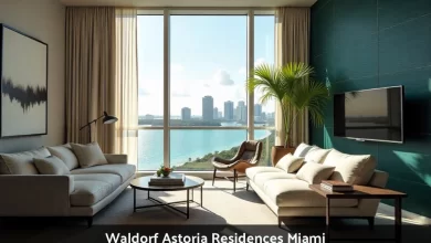 Waldorf Astoria Residences Miami supertall tower exterior with stacked glass cube architecture in Downtown Miami skyline