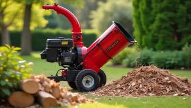 Wood Chipper machine turning branches into mulch for garden cleanup