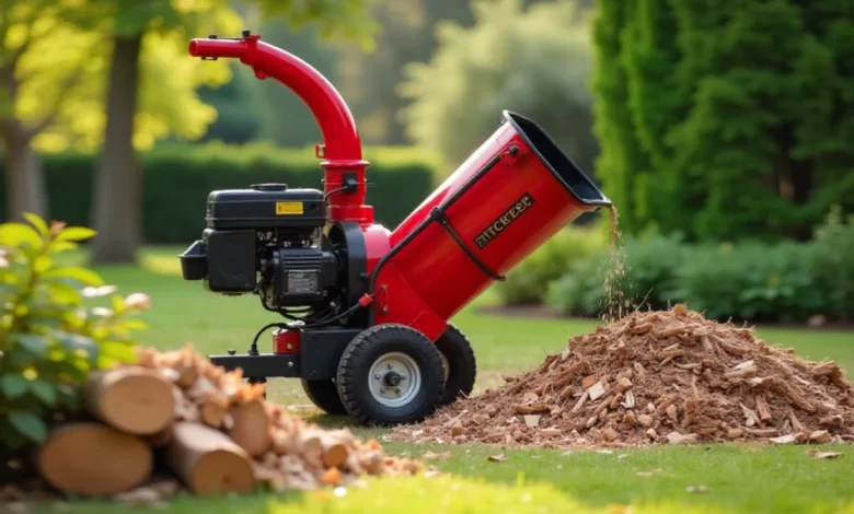 Wood Chipper machine turning branches into mulch for garden cleanup