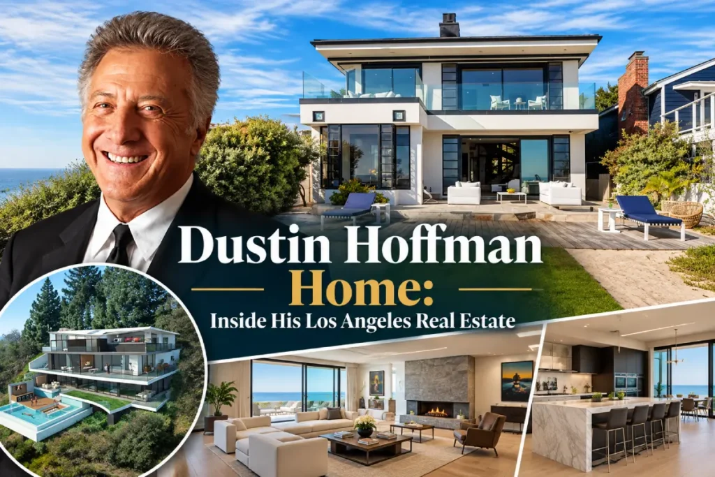 Dustin Hoffman with a modern Los Angeles home featuring a pool, living room, kitchen, and ocean views