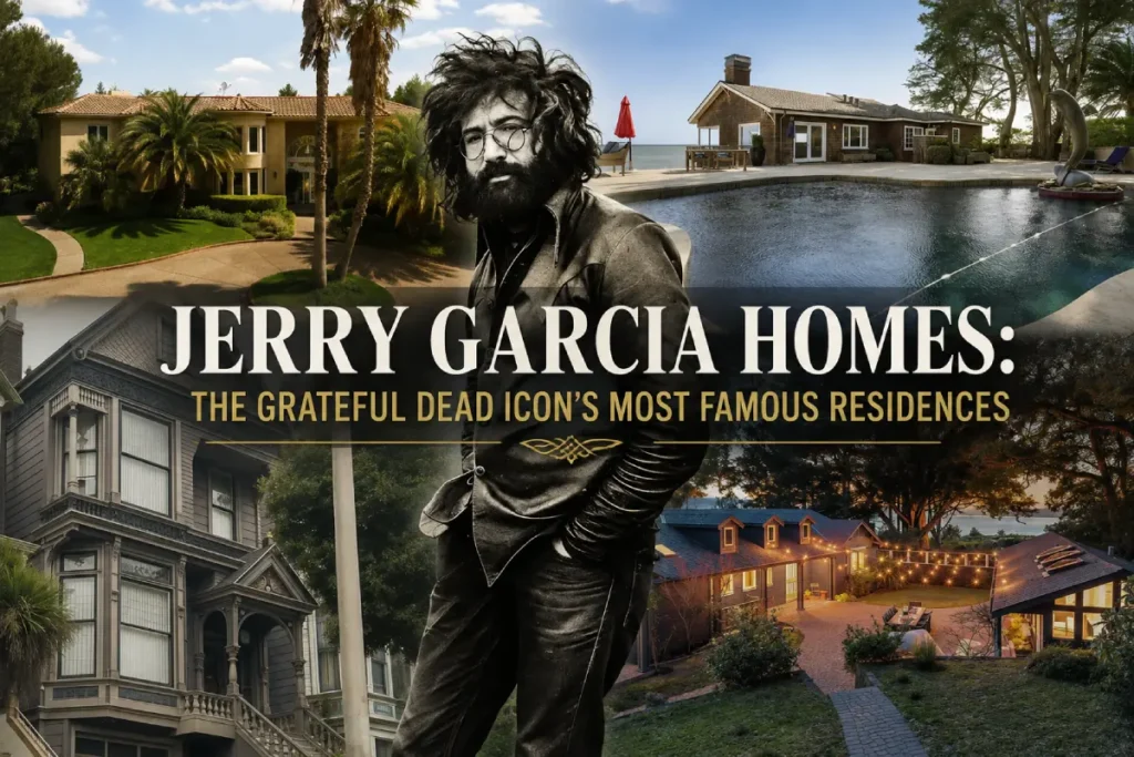 Jerry Garcia with images of his famous homes and residences