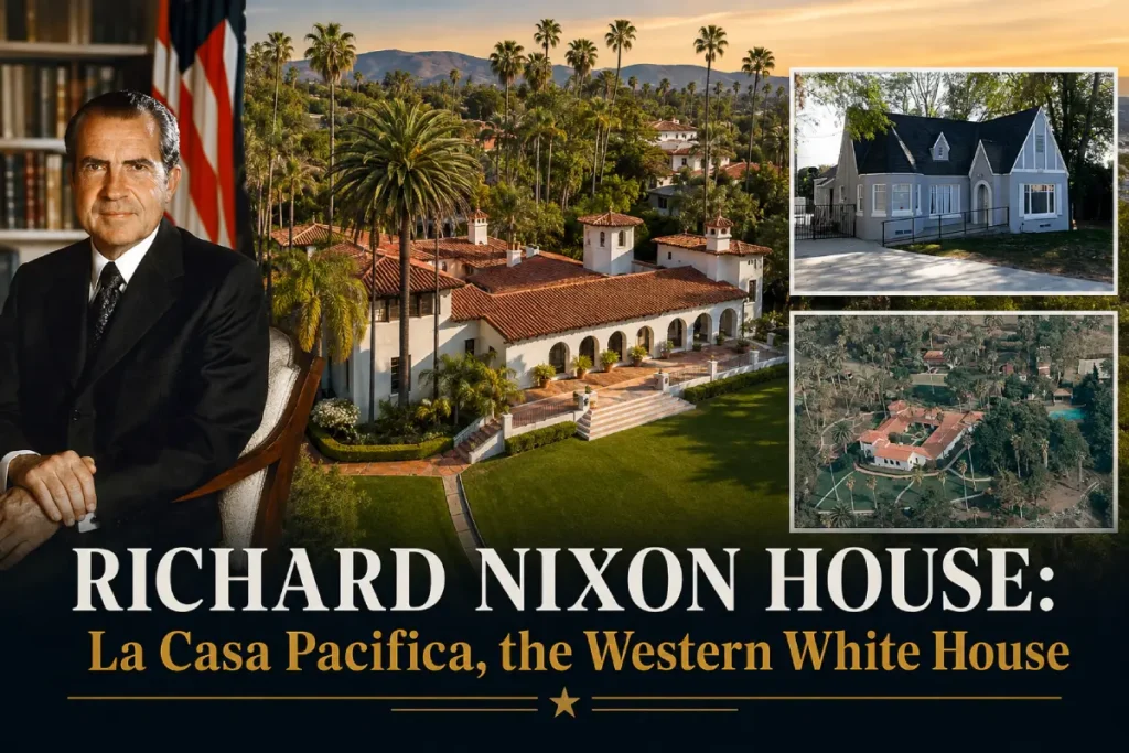 Richard Nixon portrait alongside La Casa Pacifica, his California home known as the Western White House