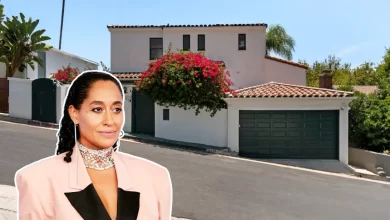 Tracee Ellis Ross House exterior view Spanish Colonial architecture Hollywood Hills three story home