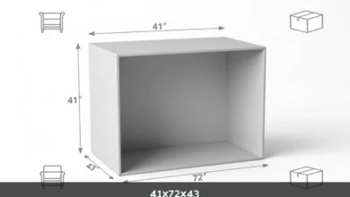 41x72x43 dimensions diagram showing length width height measurements with measuring tape and furniture application examples