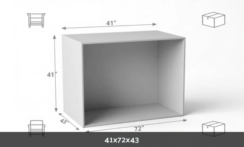 41x72x43 dimensions diagram showing length width height measurements with measuring tape and furniture application examples