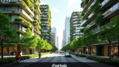 Axurbain smart city design with green buildings, vertical gardens, and sustainable infrastructure showing modern urban planning