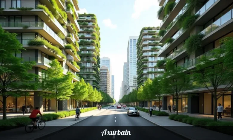 Axurbain smart city design with green buildings, vertical gardens, and sustainable infrastructure showing modern urban planning