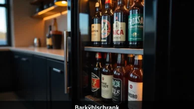 Modern barkÿhlschrank bar refrigerator with glass door and LED lighting displaying cold beverages on adjustable shelves