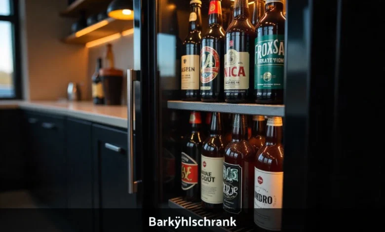Modern barkÿhlschrank bar refrigerator with glass door and LED lighting displaying cold beverages on adjustable shelves