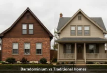 Side-by-side comparison of barndominium vs traditional home showing metal frame construction and stick-built architecture differences