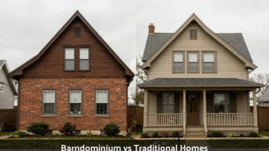 Side-by-side comparison of barndominium vs traditional home showing metal frame construction and stick-built architecture differences