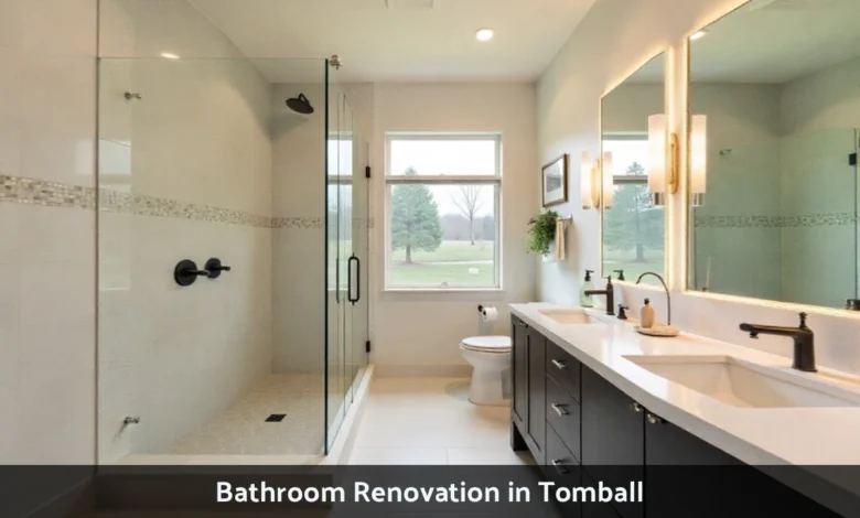 Modern bathroom renovation in Tomball featuring walk-in shower with frameless glass, floating vanity, and contemporary fixtures