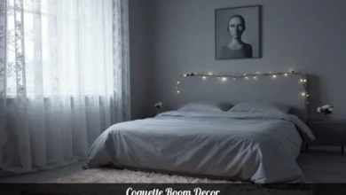 Coquette Room Decor featuring soft pink bedding with ruffles, vintage vanity, lace curtains, and floral accents in pastel bedroom