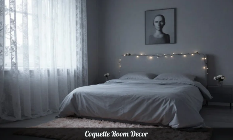 Coquette Room Decor featuring soft pink bedding with ruffles, vintage vanity, lace curtains, and floral accents in pastel bedroom