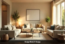 DesignMode24 Design modern living room with smart interior solutions and neutral warm color palette
