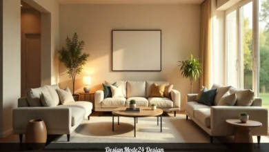 DesignMode24 Design modern living room with smart interior solutions and neutral warm color palette