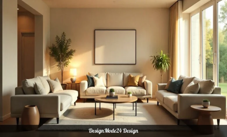 DesignMode24 Design modern living room with smart interior solutions and neutral warm color palette