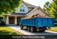 Dumpster Home Renovation Help showing roll-off container filled with kitchen remodel debris on residential driveway