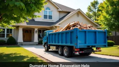 Dumpster Home Renovation Help showing roll-off container filled with kitchen remodel debris on residential driveway