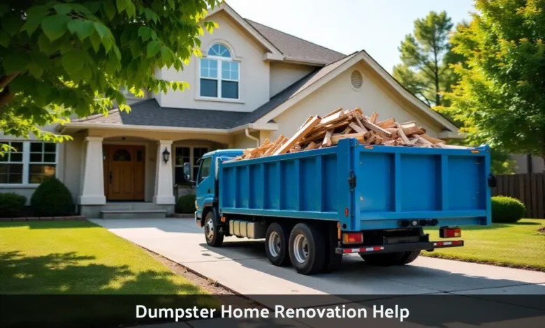 Dumpster Home Renovation Help showing roll-off container filled with kitchen remodel debris on residential driveway