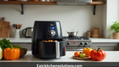 Modern kitchen countertop with smart gadgets and fresh ingredients showing Epickitchensolutions.com kitchen upgrade tools