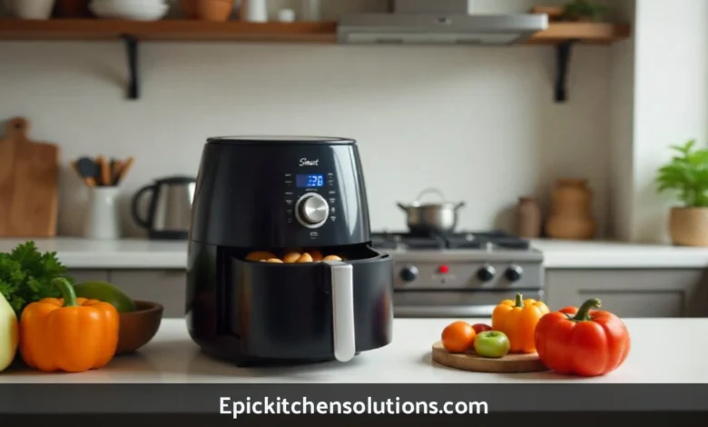 Modern kitchen countertop with smart gadgets and fresh ingredients showing Epickitchensolutions.com kitchen upgrade tools