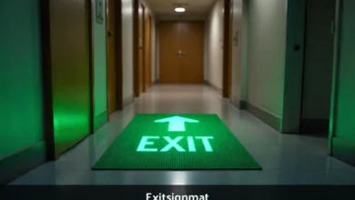 ExitSignMat glowing floor exit sign with directional arrow in commercial building hallway for emergency evacuation safety