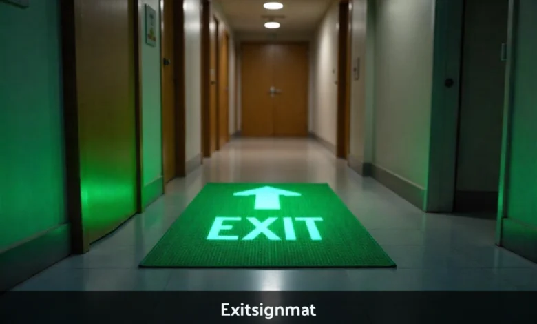 ExitSignMat glowing floor exit sign with directional arrow in commercial building hallway for emergency evacuation safety