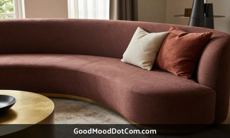 GoodMoodDotCom.com home decor featuring curved sofa with warm earth tones, natural wood furniture, and sustainable designer accents