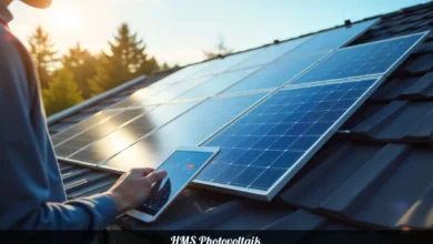 HMS Photovoltaik solar panel system with microinverters on residential roof showing smart monitoring display
