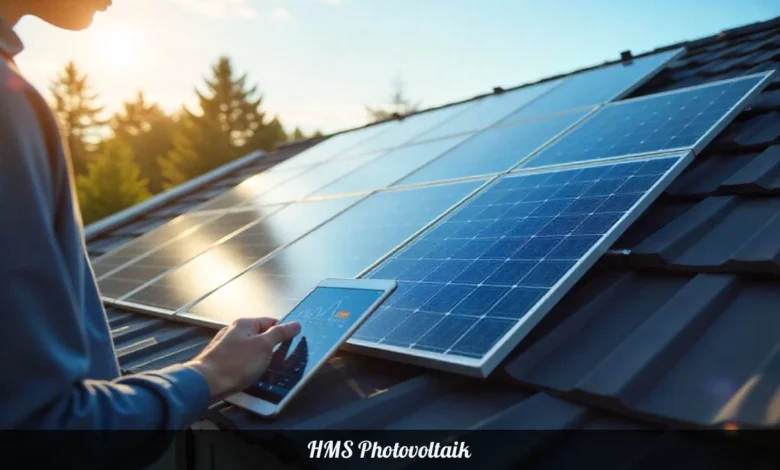 HMS Photovoltaik solar panel system with microinverters on residential roof showing smart monitoring display