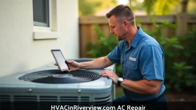 HVAC technician performing hvacinriverview.com ac repair service on residential air conditioning unit in Florida