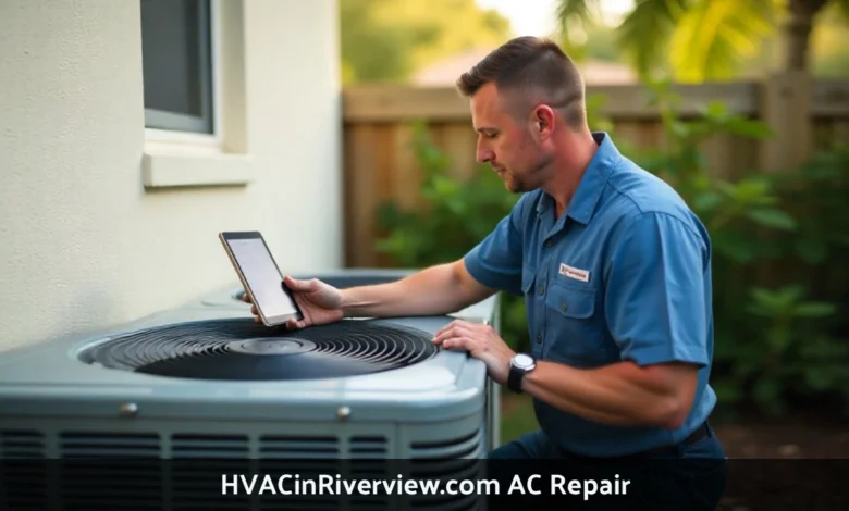 HVAC technician performing hvacinriverview.com ac repair service on residential air conditioning unit in Florida