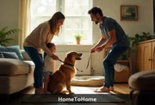 HomeToHome pet adoption meeting between family and dog owner in home setting for direct rehoming without shelter